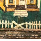 Wonderful c. 1940s-50s Folk Art Painting of Yellow House with White Picket Fence