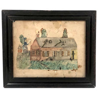 Two Women and House with Fallen Limbs 19th C. Watercolor Drawing