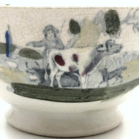 Girl with Bird, Dog and Hunter, Cows in Pasture, Charming Early Transferware Bowl