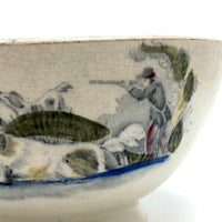 Girl with Bird, Dog and Hunter, Cows in Pasture, Charming Early Transferware Bowl