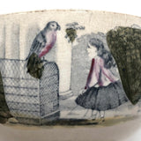 Girl with Bird, Dog and Hunter, Cows in Pasture, Charming Early Transferware Bowl