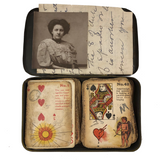 Much Used Fortune Teller's Deck of Early 1900s Gypsy Witch Cards, with Handwritten Notes, in Tin as Found