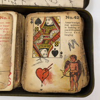 Much Used Fortune Teller's Deck of Early 1900s Gypsy Witch Cards, with Handwritten Notes, in Tin as Found