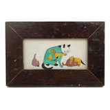 Green Cat and Tussling Kittens, Marvelous 19th C. PA Naive Watercolor in Period Frame