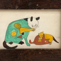 Green Cat and Tussling Kittens, Marvelous 19th C. PA Naive Watercolor in Period Frame