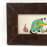 Green Cat and Tussling Kittens, Marvelous 19th C. PA Naive Watercolor in Period Frame