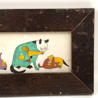 Green Cat and Tussling Kittens, Marvelous 19th C. PA Naive Watercolor in Period Frame