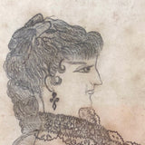 1880s Naive Pennsylvania Graphite Drawing of Woman with Fancy Hair and Lots of Lace