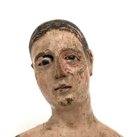 Soulful 18/19th C Carved Santos / Mannequin Bust with Glass Eyes and Polychrome