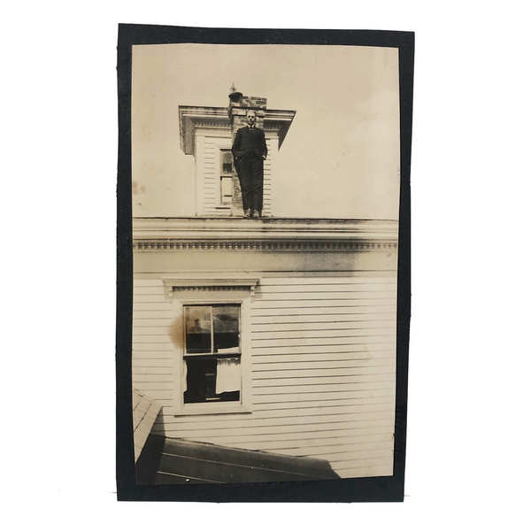 Man at Edge of Roof, Old Snapshot with Black Paper Backing