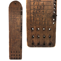 Spice, Clams and Pickels, Old Hand-carved Wooden Groceries List with Pegs