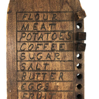 Spice, Clams and Pickels, Old Hand-carved Wooden Groceries List with Pegs