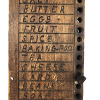 Spice, Clams and Pickels, Old Hand-carved Wooden Groceries List with Pegs