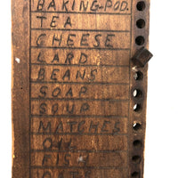 Spice, Clams and Pickels, Old Hand-carved Wooden Groceries List with Pegs