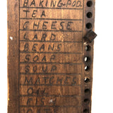 Spice, Clams and Pickels, Old Hand-carved Wooden Groceries List with Pegs