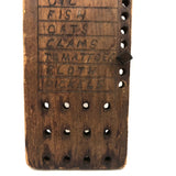 Spice, Clams and Pickels, Old Hand-carved Wooden Groceries List with Pegs