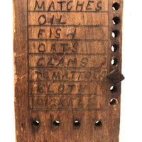 Spice, Clams and Pickels, Old Hand-carved Wooden Groceries List with Pegs