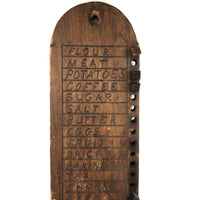 Spice, Clams and Pickels, Old Hand-carved Wooden Groceries List with Pegs