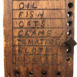 Spice, Clams and Pickels, Old Hand-carved Wooden Groceries List with Pegs