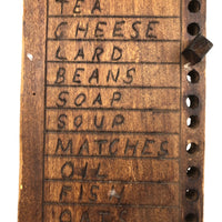 Spice, Clams and Pickels, Old Hand-carved Wooden Groceries List with Pegs