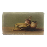 Little Gem of an Antique Oil Painting: Pipe with Matches and Ashtray