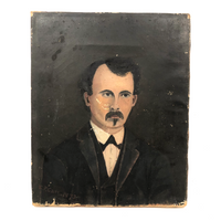 Small Antique Folk Art Portrait Painting of Poe-esque Man in Black