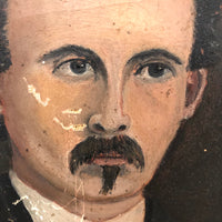 Small Antique Folk Art Portrait Painting of Poe-esque Man in Black