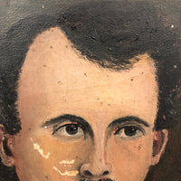 Small Antique Folk Art Portrait Painting of Poe-esque Man in Black