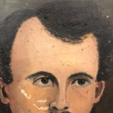 Small Antique Folk Art Portrait Painting of Poe-esque Man in Black