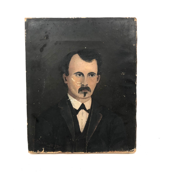 Small Antique Folk Art Portrait Painting of Poe-esque Man in Black