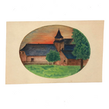 Church with Trees and Orange Sky, Lovely 1929 Handmade French Watercolor Postcard, Signed Laine