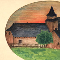 Church with Trees and Orange Sky, Lovely 1929 Handmade French Watercolor Postcard, Signed Laine