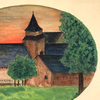 Church with Trees and Orange Sky, Lovely 1929 Handmade French Watercolor Postcard, Signed Laine