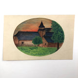 Church with Trees and Orange Sky, Lovely 1929 Handmade French Watercolor Postcard, Signed Laine