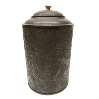 19th c. Embossed Tin Canister with Figures, Animals, Houses and More