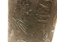 19th c. Embossed Tin Canister with Figures, Animals, Houses and More