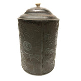 19th c. Embossed Tin Canister with Figures, Animals, Houses and More