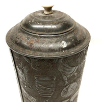 19th c. Embossed Tin Canister with Figures, Animals, Houses and More