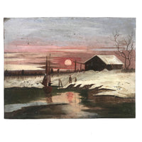 Winter Scene with Pond, Boat, Greetings, and Red Sky, Antique Folk Art Painting On Tin