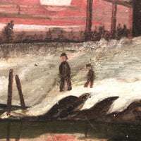 Winter Scene with Pond, Boat, Greetings, and Red Sky, Antique Folk Art Painting On Tin