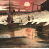 Winter Scene with Pond, Boat, Greetings, and Red Sky, Antique Folk Art Painting On Tin