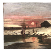 Winter Scene with Pond, Boat, Greetings, and Red Sky, Antique Folk Art Painting On Tin