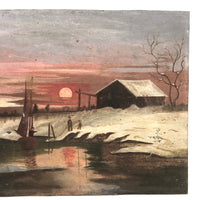 Winter Scene with Pond, Boat, Greetings, and Red Sky, Antique Folk Art Painting On Tin