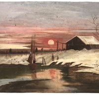 Winter Scene with Pond, Boat, Greetings, and Red Sky, Antique Folk Art Painting On Tin