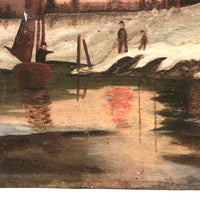 Winter Scene with Pond, Boat, Greetings, and Red Sky, Antique Folk Art Painting On Tin