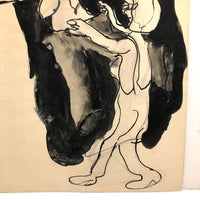 Evocative 1960s Peter Passuntino Ink on Paper Drawing of Two Figures