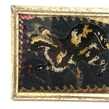 Early Crazy Quilt Fragment with Wonderful Embroidered Cat in Period Lemon Gold Frame