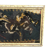 Early Crazy Quilt Fragment with Wonderful Embroidered Cat in Period Lemon Gold Frame