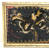 Early Crazy Quilt Fragment with Wonderful Embroidered Cat in Period Lemon Gold Frame