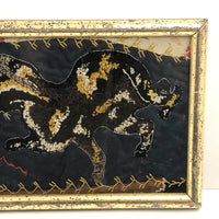 Early Crazy Quilt Fragment with Wonderful Embroidered Cat in Period Lemon Gold Frame